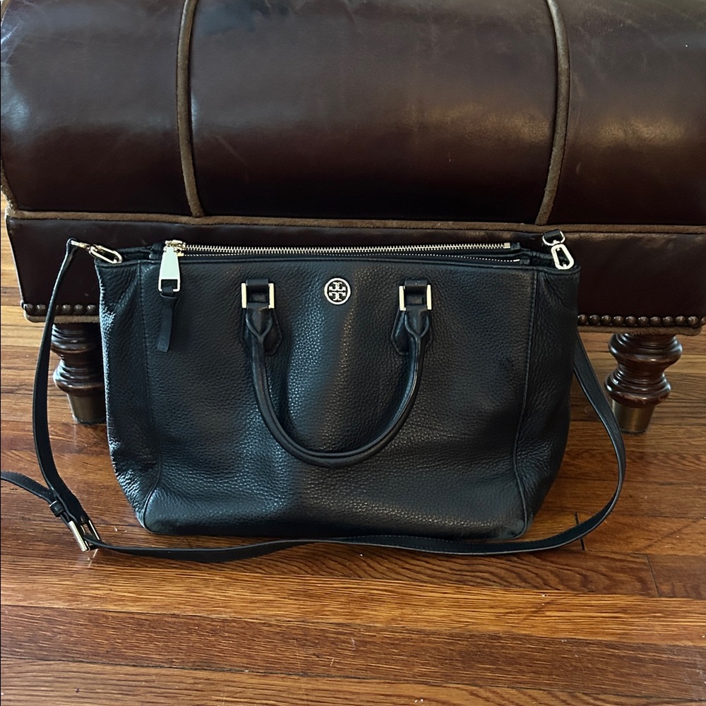 Tory Burch Black Pebbled Leather Satchel with Shoulder Strap